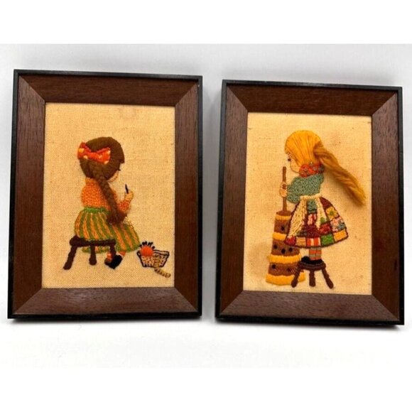 Vintage Crewel Embroidery Art Set 1970s Framed Burlap Girls Sewing Churning - Picture 1 of 16